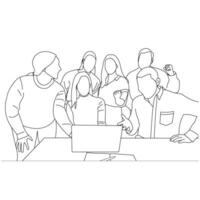 Vector business meeting discussion between worker in cafe round table cartoon Line art. Business training and presentation concept. continuous line drawing of office workers at business meeting