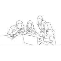 Vector business meeting discussion between worker in cafe round table cartoon Line art. Business training and presentation concept. continuous line drawing of office workers at business meeting