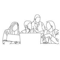 Vector business meeting discussion between worker in cafe round table cartoon Line art. Business training and presentation concept. continuous line drawing of office workers at business meeting