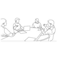 Vector business meeting discussion between worker in cafe round table cartoon Line art. Business training and presentation concept. continuous line drawing of office workers at business meeting