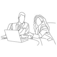 Vector business meeting discussion between worker in cafe round table cartoon Line art. Business training and presentation concept. continuous line drawing of office workers at business meeting