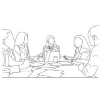 Vector business meeting discussion between worker in cafe round table cartoon Line art. Business training and presentation concept. continuous line drawing of office workers at business meeting