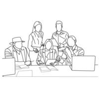 Vector business meeting discussion between worker in cafe round table cartoon Line art. Business training and presentation concept. continuous line drawing of office workers at business meeting