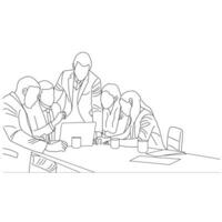 Vector business meeting discussion between worker in cafe round table cartoon Line art. Business training and presentation concept. continuous line drawing of office workers at business meeting