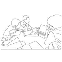 Vector business meeting discussion between worker in cafe round table cartoon Line art. Business training and presentation concept. continuous line drawing of office workers at business meeting