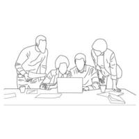 Vector business meeting discussion between worker in cafe round table cartoon Line art. Business training and presentation concept. continuous line drawing of office workers at business meeting