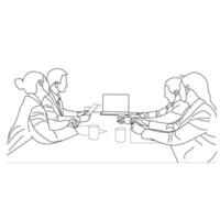 Vector business meeting discussion between worker in cafe round table cartoon Line art. Business training and presentation concept. continuous line drawing of office workers at business meeting