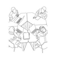 Vector business meeting discussion between worker in cafe round table cartoon Line art. Business training and presentation concept. continuous line drawing of office workers at business meeting