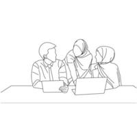 Vector business meeting discussion between worker in cafe round table cartoon Line art. Business training and presentation concept. continuous line drawing of office workers at business meeting