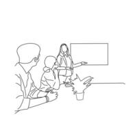 Vector business meeting discussion between worker in cafe round table cartoon Line art. Business training and presentation concept. continuous line drawing of office workers at business meeting