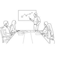 Vector business meeting discussion between worker in cafe round table cartoon Line art. Business training and presentation concept. continuous line drawing of office workers at business meeting