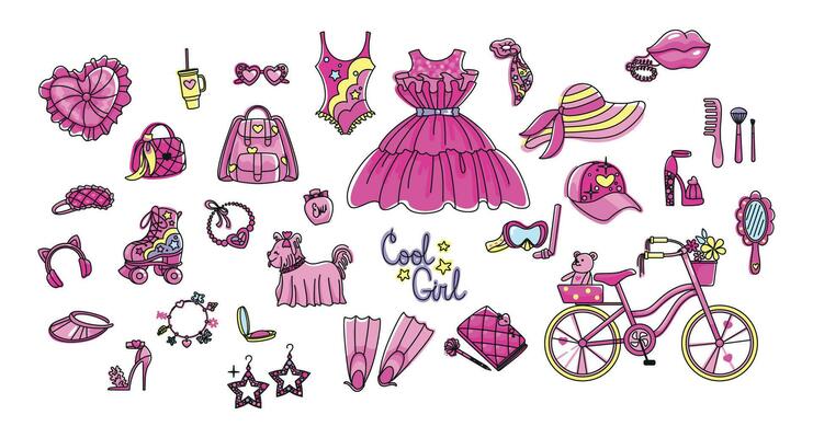 Fashion girl accessories and beautiful lifestyle. Set of icons in pink colors.
