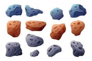 Set of vector isolated space asteroids. Cartoon stones meteorites with bumps and craters.