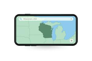 buscando mapa de Wisconsin en teléfono inteligente mapa solicitud. mapa de Wisconsin en célula teléfono. vector