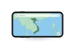 buscando mapa de Vietnam en teléfono inteligente mapa solicitud. mapa de Vietnam en célula teléfono. vector