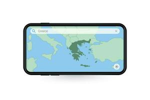 buscando mapa de Grecia en teléfono inteligente mapa solicitud. mapa de Grecia en célula teléfono. vector