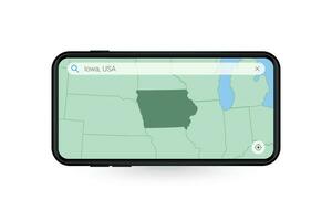 buscando mapa de Iowa en teléfono inteligente mapa solicitud. mapa de Iowa en célula teléfono. vector