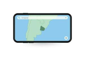 Searching map of Uruguay in Smartphone map application. Map of Uruguay in Cell Phone. vector