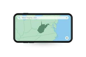 buscando mapa de Oeste Virginia en teléfono inteligente mapa solicitud. mapa de Oeste Virginia en célula teléfono. vector