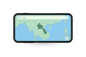 Searching map of Laos in Smartphone map application. Map of Laos in Cell Phone. vector