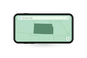 buscando mapa de Kansas en teléfono inteligente mapa solicitud. mapa de Kansas en célula teléfono. vector