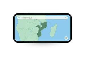 buscando mapa de Mozambique en teléfono inteligente mapa solicitud. mapa de Mozambique en célula teléfono. vector