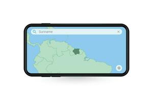 Searching map of Suriname in Smartphone map application. Map of Suriname in Cell Phone. vector