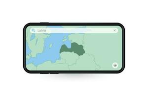 Searching map of Latvia in Smartphone map application. Map of Latvia in Cell Phone. vector