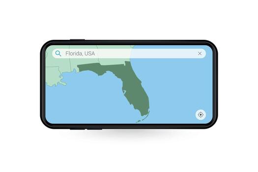 Searching map of Florida in Smartphone map application. Map of Florida in Cell Phone. vector