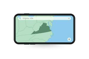 Searching map of Virginia in Smartphone map application. Map of Virginia in Cell Phone. vector