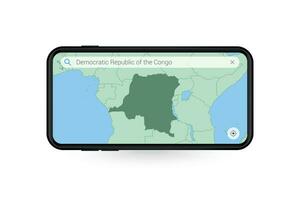 Searching map of DR Congo in Smartphone map application. Map of DR Congo in Cell Phone. vector