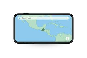 buscando mapa de Guatemala en teléfono inteligente mapa solicitud. mapa de Guatemala en célula teléfono. vector