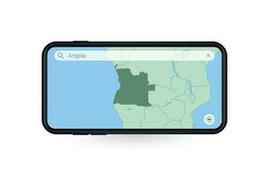 buscando mapa de angola en teléfono inteligente mapa solicitud. mapa de angola en célula teléfono. vector