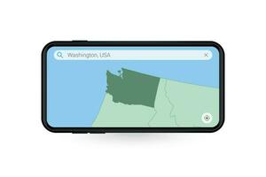 Searching map of Washington in Smartphone map application. Map of Washington in Cell Phone. vector