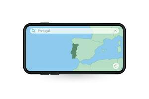 buscando mapa de Portugal en teléfono inteligente mapa solicitud. mapa de Portugal en célula teléfono. vector