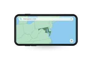 Searching map of Maryland in Smartphone map application. Map of Maryland in Cell Phone. vector