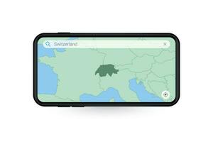 buscando mapa de Suiza en teléfono inteligente mapa solicitud. mapa de Suiza en célula teléfono. vector