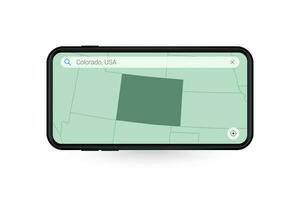buscando mapa de Colorado en teléfono inteligente mapa solicitud. mapa de Colorado en célula teléfono. vector