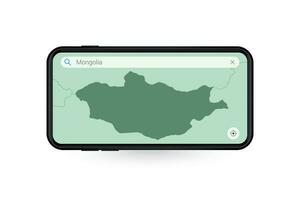 buscando mapa de Mongolia en teléfono inteligente mapa solicitud. mapa de Mongolia en célula teléfono. vector