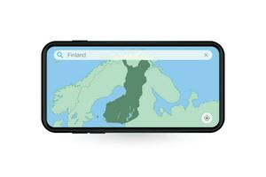 Searching map of Finland in Smartphone map application. Map of Finland in Cell Phone. vector