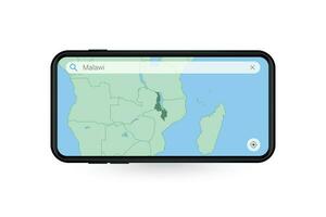 Searching map of Malawi in Smartphone map application. Map of Malawi in Cell Phone. vector