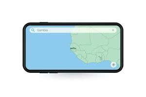 buscando mapa de Gambia en teléfono inteligente mapa solicitud. mapa de Gambia en célula teléfono. vector