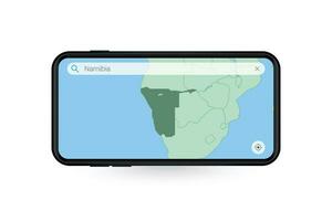 buscando mapa de Namibia en teléfono inteligente mapa solicitud. mapa de Namibia en célula teléfono. vector