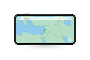 Searching map of Lebanon in Smartphone map application. Map of Lebanon in Cell Phone. vector