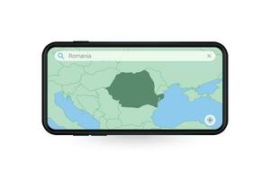 buscando mapa de Rumania en teléfono inteligente mapa solicitud. mapa de Rumania en célula teléfono. vector