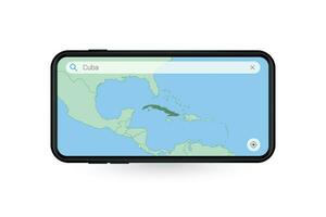 Searching map of Cuba in Smartphone map application. Map of Cuba in Cell Phone. vector