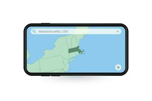 Searching map of Massachusetts in Smartphone map application. Map of Massachusetts in Cell Phone. vector