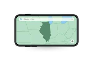 buscando mapa de Illinois en teléfono inteligente mapa solicitud. mapa de Illinois en célula teléfono. vector