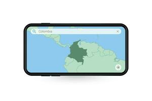 Searching map of Colombia in Smartphone map application. Map of Colombia in Cell Phone. vector