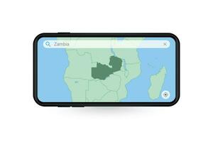 buscando mapa de Zambia en teléfono inteligente mapa solicitud. mapa de Zambia en célula teléfono. vector